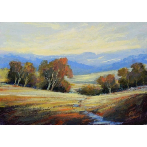 113 - INITIALLED MJT THREE MODERN OILS ON BOARD Landscapes with trees 5” x 7” (12.7cm x 17.8cm), (3), one ... 