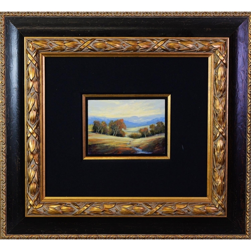 113 - INITIALLED MJT THREE MODERN OILS ON BOARD Landscapes with trees 5” x 7” (12.7cm x 17.8cm), (3), one ... 