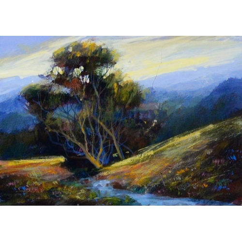 113 - INITIALLED MJT THREE MODERN OILS ON BOARD Landscapes with trees 5” x 7” (12.7cm x 17.8cm), (3), one ... 