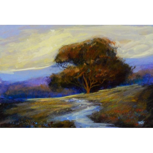 113 - INITIALLED MJT THREE MODERN OILS ON BOARD Landscapes with trees 5” x 7” (12.7cm x 17.8cm), (3), one ... 