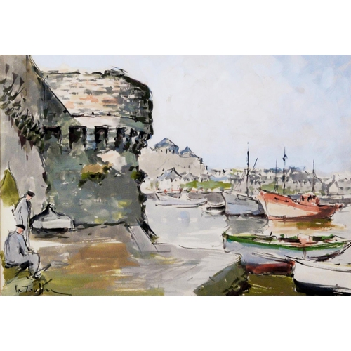 140 - UNATTRIBUTED (EARLY TWENTIETH CENTURY FRENCH SCHOOL) WATERCOLOUR Harbour scene with castellated wall... 