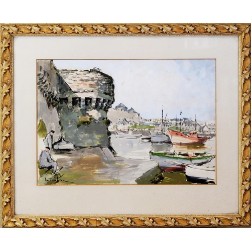 140 - UNATTRIBUTED (EARLY TWENTIETH CENTURY FRENCH SCHOOL) WATERCOLOUR Harbour scene with castellated wall... 