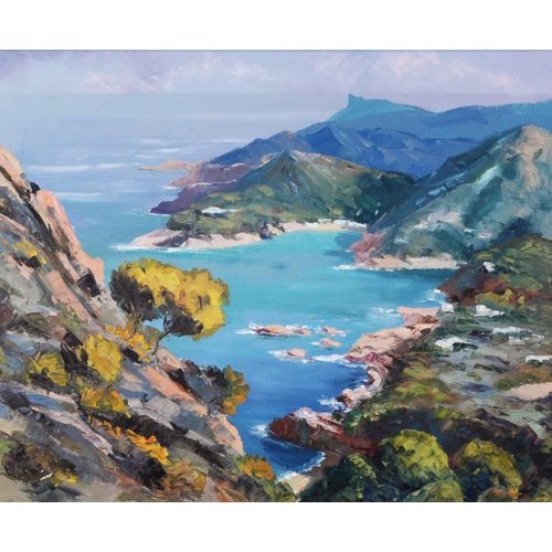 100 - PERE MANERA (TWENTIETH/ TWENTY FIRST CENTURY)OIL ON CANVAS Arial coastal view with sandy coves Signe... 