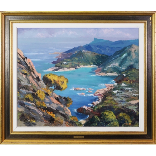 100 - PERE MANERA (TWENTIETH/ TWENTY FIRST CENTURY)OIL ON CANVAS Arial coastal view with sandy coves Signe... 