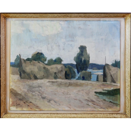 102 - KARL ORBO (1890-1920) OIL ON BOARD Rural scene with the sea in the distance Signed, indistinctly tit... 