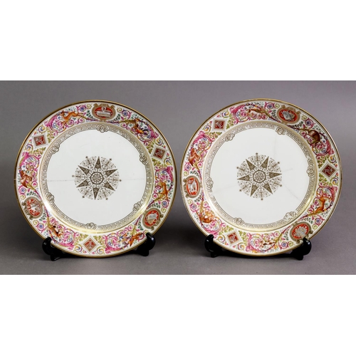 359 - A PAIR OF MID-19TH CENTURY SEVRES CABINET PLATES, the hand painted polychrome sauce rim decorated wi... 