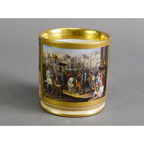 323 - 19TH CENTURY VIENNA PORCELAIN TANKARD, with raised gilding and hand-painted reserves to a salmon pin... 