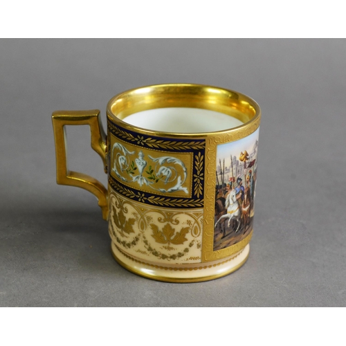 323 - 19TH CENTURY VIENNA PORCELAIN TANKARD, with raised gilding and hand-painted reserves to a salmon pin... 