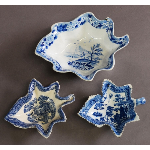 360 - THREE ASSORTED 18TH CENTURY SOFT PASTE PORCELAIN LEAF SHAPED PICKLE AND BUTTER BOATS, one batt print... 