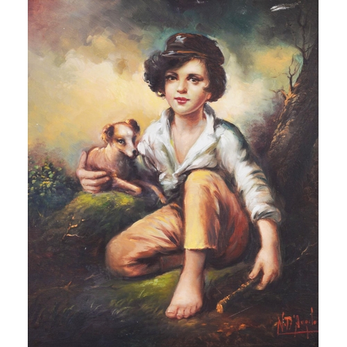 97 - N A ARPILO? (TWENTIETH/ TWENTY FIRST CENTURY) OIL ON CANVAS Young boy seated with puppy Signed 29 ¼”... 