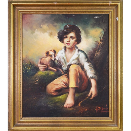 97 - N A ARPILO? (TWENTIETH/ TWENTY FIRST CENTURY) OIL ON CANVAS Young boy seated with puppy Signed 29 ¼”... 