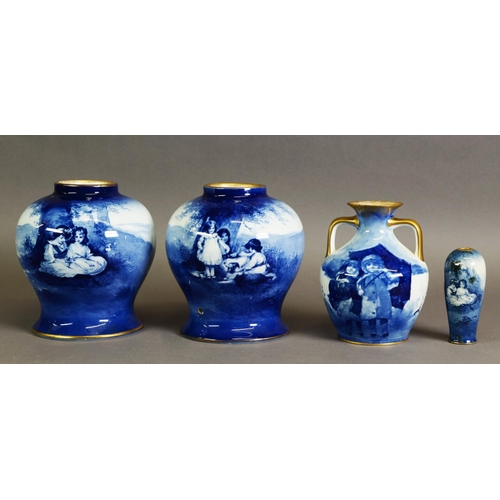 269 - FOUR ROYAL DOULTON BLUE AND WHITE POTTERY VASES, comprising: PAIR OF POT POURRI VASES, TWO HANDLED V... 