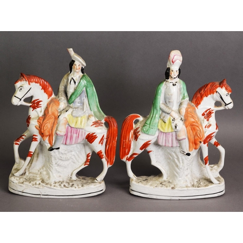 266 - PAIR OF NINETEENTH CENTURY STAFFORDSHIRE FLAT BACK HIGHLAND EQUESTRIAN POTTERY FIGURES, heightened i... 