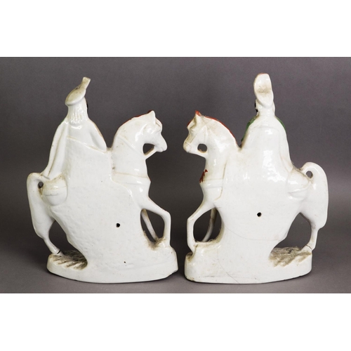 266 - PAIR OF NINETEENTH CENTURY STAFFORDSHIRE FLAT BACK HIGHLAND EQUESTRIAN POTTERY FIGURES, heightened i... 