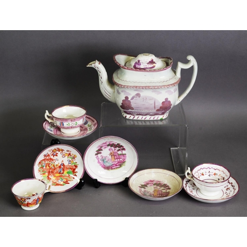 274 - NINE PIECES OF NINETEENTH CENTURY SUNDERLAND LUSTRE TEA WARES, comprising: ROUNDED OBLONG TEAPOT AND... 