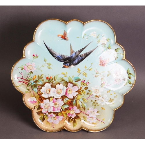 286 - VICTORIAN HAND PAINTED POTTERY TRAY, of circular, lobated form, painted in colours and gilt with a s... 