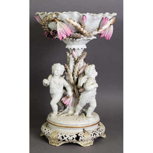 290 - PROBABLY MOORE BROTHERS, IMPRESSIVE VICTORIAN FLORAL ENCRUSTED PEDESTAL BOWL WITH FIGURAL SUPPORTS, ... 