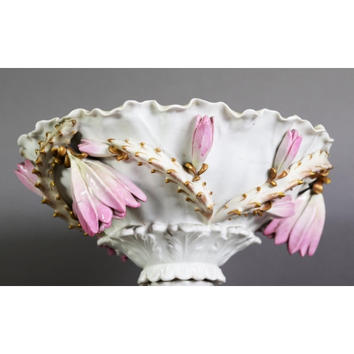 290 - PROBABLY MOORE BROTHERS, IMPRESSIVE VICTORIAN FLORAL ENCRUSTED PEDESTAL BOWL WITH FIGURAL SUPPORTS, ... 