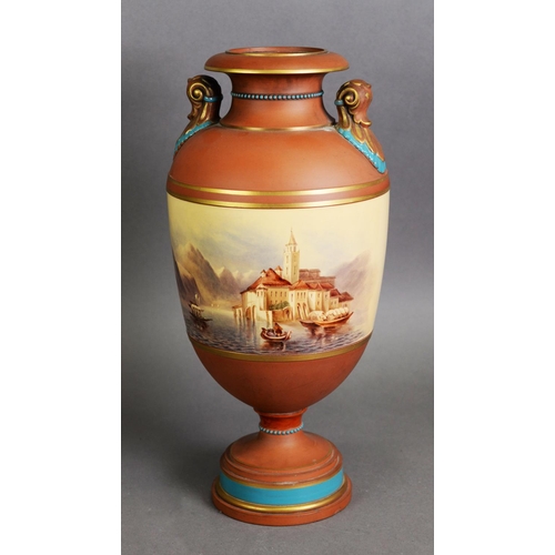 291 - NINETEENTH CENTURY HAND PAINTED EARTHENWARE TWO HANDLED PEDESTAL VASE, heightened in blue and gilt a... 