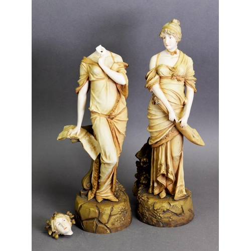 279 - PAIR OF ERNST WAHLISS, TURN WEIN, AUSTRIAN PORCELAIN FEMALE FIGURES, each painted in muted tones and... 