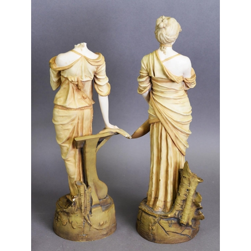 279 - PAIR OF ERNST WAHLISS, TURN WEIN, AUSTRIAN PORCELAIN FEMALE FIGURES, each painted in muted tones and... 