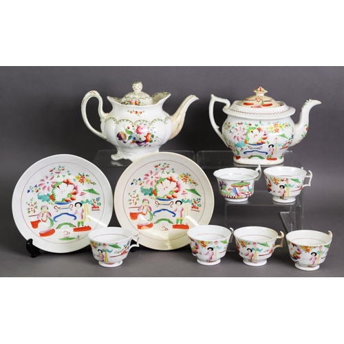 280 - EIGHT PIECE NINETEENTH CENTURY HILDITCH & SONS PORCELAIN PART TEA SERVICE, printed and painted i... 