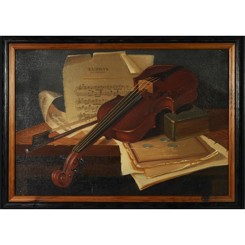 86 - EASTERN EUROPEAN SCHOOL (Twentieth Century) OIL PAINTING ON CANVAS Still life of a violin and bow wi... 