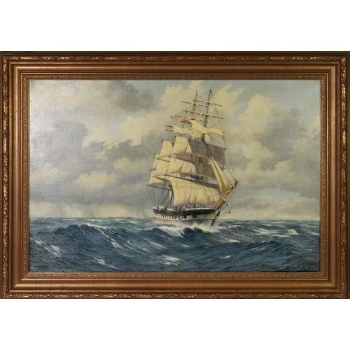 85 - KENNETH JEPSON (1932-1998) OIL PAINTING ON CANVAS Seascape with three-masted sailing ship in strengt... 