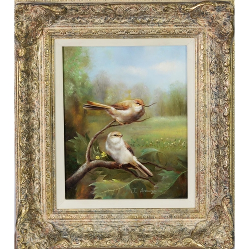 90 - J ARMANI (Modern) OIL PAINTING ON BOARD Two birds perched on a branch Signed lower right, labelled v... 