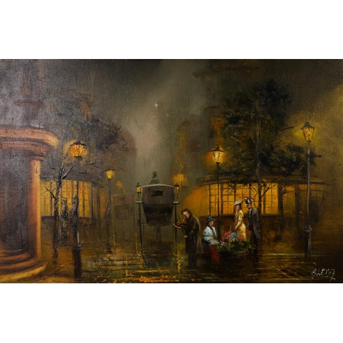 91 - GLENN (Twentieth Century) OIL PAINTING ON CANVAS Street scene at dusk Signed lower right 20