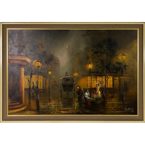 91 - GLENN (Twentieth Century) OIL PAINTING ON CANVAS Street scene at dusk Signed lower right 20