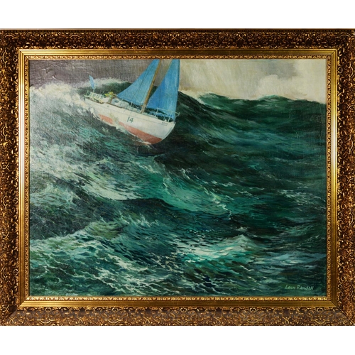 93 - LEONARD RANDALL (Twentieth Century) OIL PAINTING ON BOARD 'Opus' a 14 Class racing yacht in heavy se... 