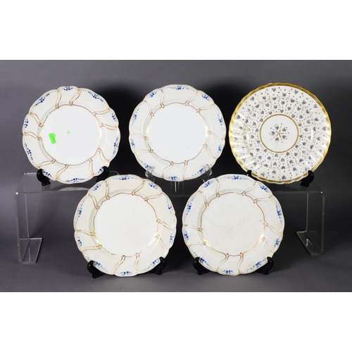 434 - SET OF FOUR BLOOR DERBY SERPENTINE STARTER PLATES, with blue enameled acanthus moulded rim picked ou... 