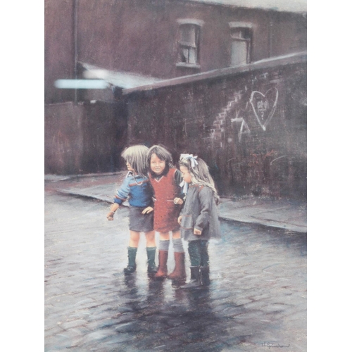 257 - MARC GRIMSHAW (1957) ARTIST SIGNED LIMITED EDITION COLOUR PRINT OF A PASTEL DRAWING Three little gir... 