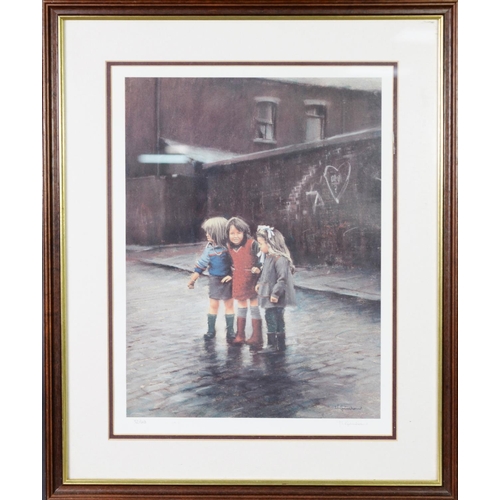 257 - MARC GRIMSHAW (1957) ARTIST SIGNED LIMITED EDITION COLOUR PRINT OF A PASTEL DRAWING Three little gir... 