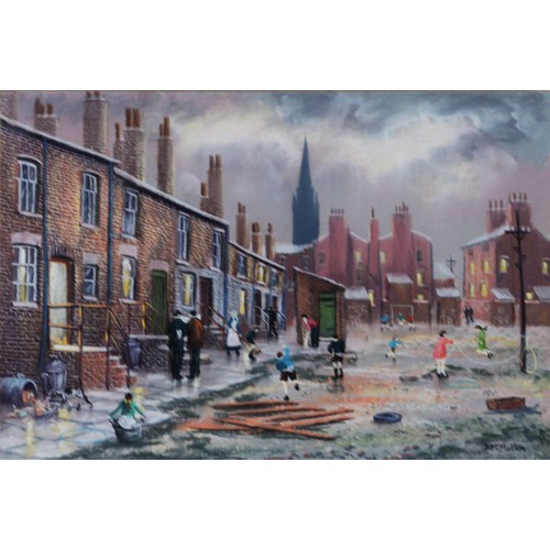 171 - BERNARD MCMULLEN (b.1952) PASTEL DRAWING Street scene with children playing in front of a row of bac... 