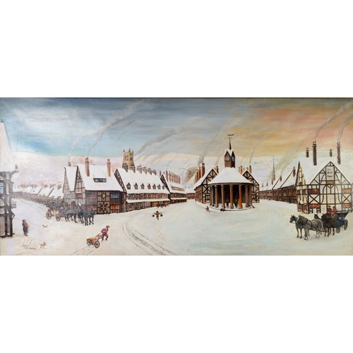 103 - LESLIE SHAW (TWENTIETH CENTURY)OIL ON CANVASBygone winter village scene with horse drawn coaches and... 