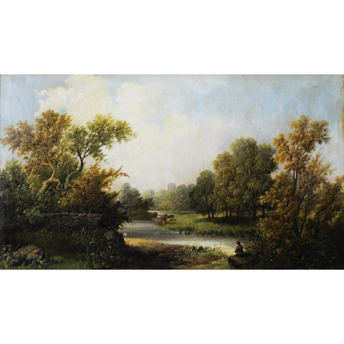 118 - E R BARNES (19th CENTURY) OIL PAINTING ON BOARD River landscape with fisherman and cattle watering S... 