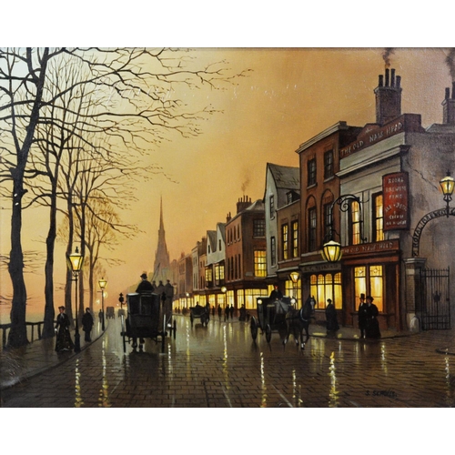 125 - STEVEN SCHOLES (b.1952) OIL ON CANVAS Bygone street scene at dusk, with figures and hansom cabsSigne... 