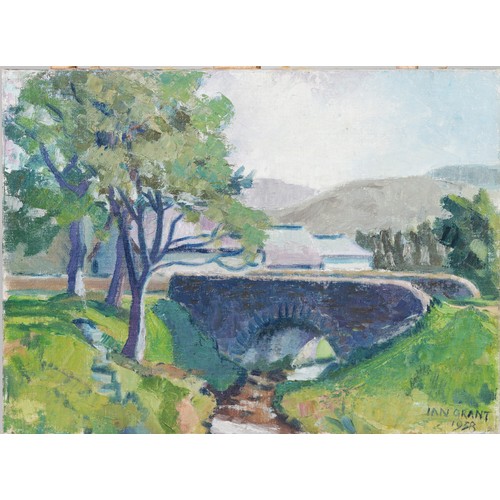 126 - IAN GRANT (1904 - 1993) OIL PAINTING ON CANVAS BOARD Landscape with stream and bridge Signed lower r... 