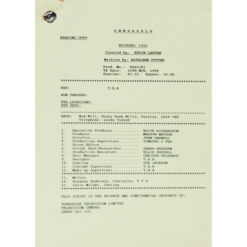 70 - EMMERDALE ORIGINAL TYPED REHEARSAL SCRIPT, written by Kathleen Potter, dated 15th November 1994, epi... 