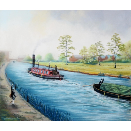 169 - BERNARD McMULLEN (1952-2015) PASTEL DRAWING Canal scene with narrowboats and school boy with fishing... 