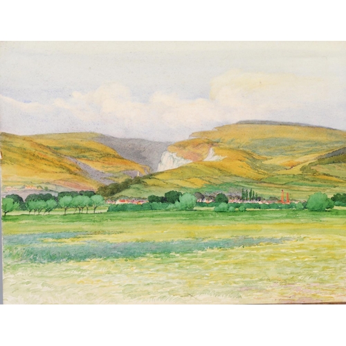 176 - EDWARD RILEY (1883 - 1946) WATERCOLOUR DRAWING ON WHATMAN BOARD Landscape with distant river and hil... 