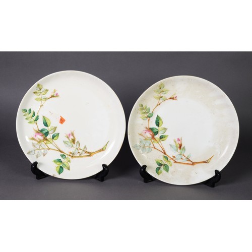 433 - A PAIR OF LATE 19TH CENTURY ROYAL WORCESTER MOULDED CABINET PLATES, with dogrose decoration; 9