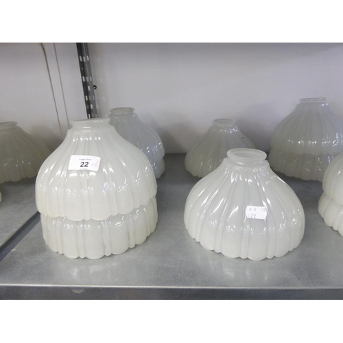 22 - SET OF SIX PRE-WAR HOLOPHANE SHELL MOULDED OPAQUE GLASS LIGHT SHADES, OF UMBRELLA FORM, 7 3/4