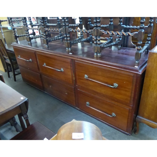 241 - A HUGE MAHOGANY SHOP COUNTER, POSSIBLY FROM A HABERDASHERY SHOP, HAVING SIX LARGE DRAWERS (LACKING 1... 