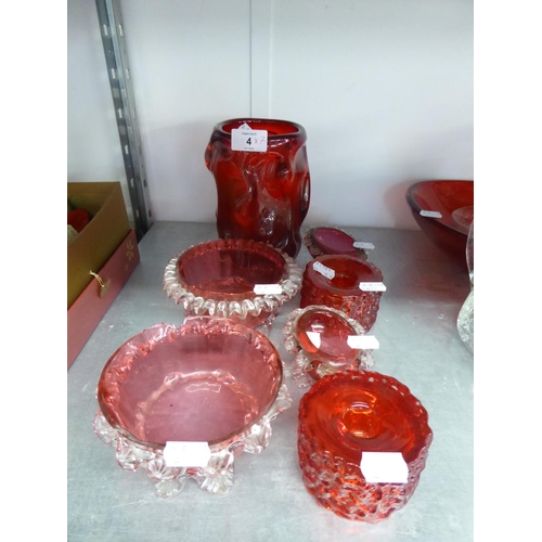 4 - A PAIR OF VICTORIAN CRANBERRY GLASS OVAL SALTS WITH FRILL BORDERS; TWO SIMILAR CIRCULAR BOWLS; A HEA... 