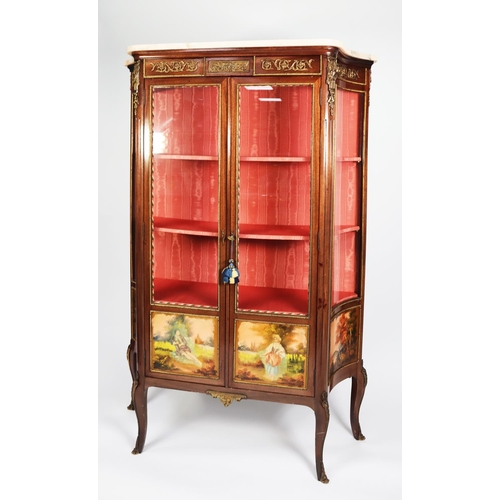 482 - LOUIS XVI STYLE MAHOGANY VITRINE, with glazed concave sides, two glazed doors, the four lower panels... 