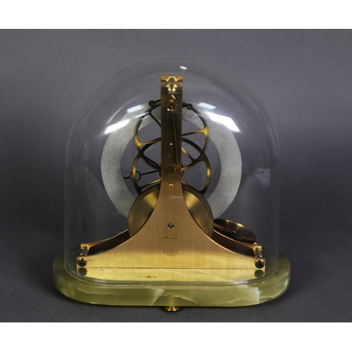 525 - ‘DUNHILL' SMALL 2OTH CENTURY BRASS SKELETON CLOCK, with silvered chapter ring, on green onyx base, 8... 