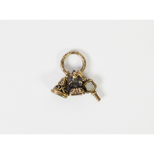 18 - TWO 19th CENTURY SMALL GOLD COLOURED METAL FOB SEALS, one set with an oblong amethyst and one with a... 